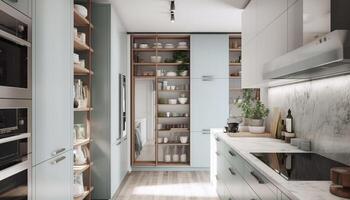 modern inhemsk kök design med elegant trä skåp och hylla genererad förbi ai foto