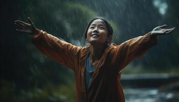 ett kvinna leende i de regn, njuter natur våt skönhet genererad förbi ai foto