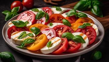 färsk italiensk caprese sallad med mozzarella, tomat, och basilika löv genererad förbi ai foto