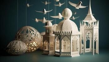 ramadan firande utsmyckad minaret symboliserar andlighet i arabicum arkitektur genererad förbi ai foto