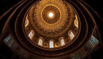 majestätisk basilika med utsmyckad dekoration och färgade glas fönster genererad förbi ai foto