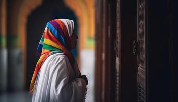 ung vuxen kvinna bär hijab stående utomhus i traditionell Kläder genererad förbi ai foto