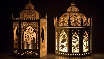 upplyst minaret symboliserar andlighet i arabicum stil under ramadan firande genererad förbi ai foto