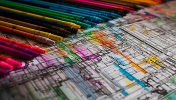 vibrerande färger av pennor i en rad på trä- tabell genererad förbi ai foto