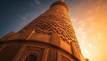 majestätisk minaret symboliserar andlighet i de afrikansk stadsbild på skymning genererad förbi ai foto