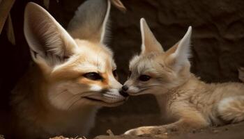 söt fluffig kattunge och lekfull valp form förtjusande djur- vänskap genererad förbi ai foto