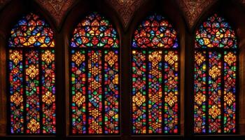 färgade glas fönster i gotik stil kloster, symboliserar kristendomen genererad förbi ai foto