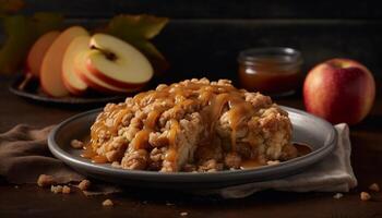 nyligen bakad äpple paj på rustik trä- tabell, redo till äta flathet genererad förbi ai foto