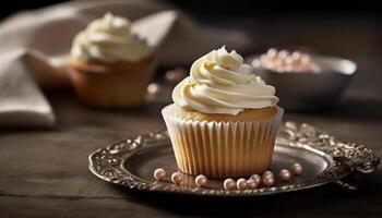 hemlagad muffin med vispad grädde och choklad dekoration, redo till äta genererad förbi ai foto