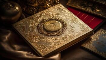 gammal bok omslag med utsmyckad guld mönster, symboliserar andlighet genererad förbi ai foto