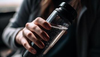 ett ung kvinna innehav glas av renades vatten generativ ai foto