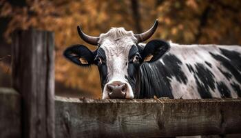 behornad tjur betning på grön bete utomhus generativ ai foto