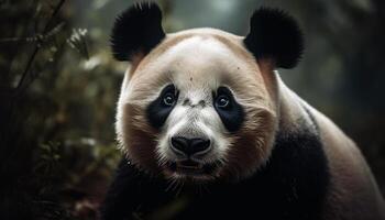 söt panda ser på kamera i skog generativ ai foto