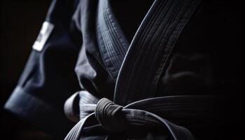svart bälte idrottare praktiserande taekwondo i dojo generativ ai foto
