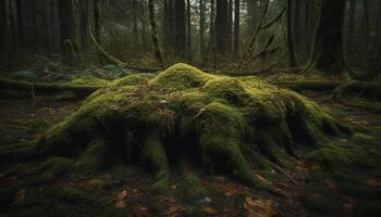 lugn scen av gammal tillväxt skog i höst generativ ai foto