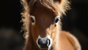 söt häst betning i äng, ser gul generativ ai foto