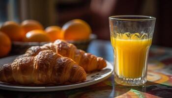 nyligen bakad croissant och kaffe för frukost generativ ai foto