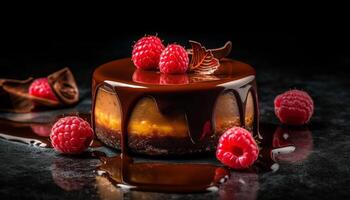 gourmet choklad cheesecake skiva med färsk bär generativ ai foto