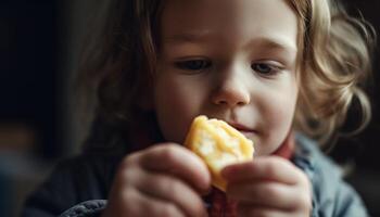 söt litet barn njuter friska frukt mellanmål inomhus lyckligt generativ ai foto