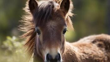 hingst manen betning i grön bete äng generativ ai foto