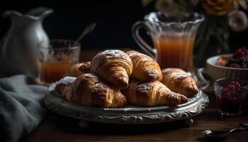 nyligen bakad croissanter och kaffe på rustik tabell generativ ai foto