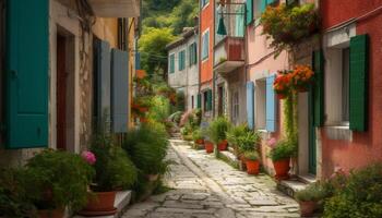 vibrerande blommor smycka balkong av historisk italiensk byggnad generativ ai foto