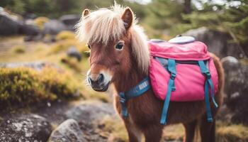 hingst betning i äng, omgiven förbi skönhet genererad förbi ai foto