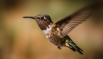 kolibri svävande, spridning regnbågsskimrande vingar för pollinering genererad förbi ai foto