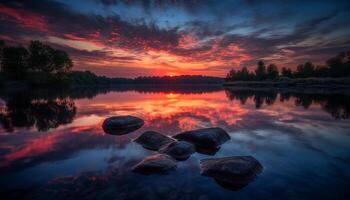 lugn scen av höst skog förbi damm genererad förbi ai foto