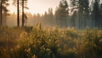 solnedgång över fjäll, natur skönhet i mång Färg genererad förbi ai foto