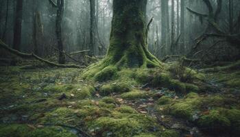 gammal träd trunk innehar mysterium i skog genererad förbi ai foto