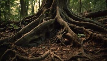 gammal träd trunk sammanflätade med natur styrka genererad förbi ai foto