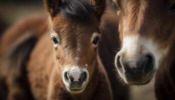 bukt häst betning i grön äng bete genererad förbi ai foto