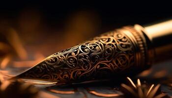 brinnande guld penna skrivningar elegant kalligrafi manus genererad förbi ai foto