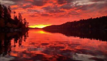 majestätisk berg räckvidd speglar lugn solnedgång färger genererad förbi ai foto