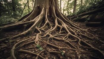 gammal banyan träd flätas samman med natur tillväxt genererad förbi ai foto