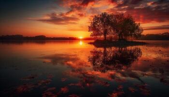 vibrerande solnedgång speglar på lugn vatten yta genererad förbi ai foto
