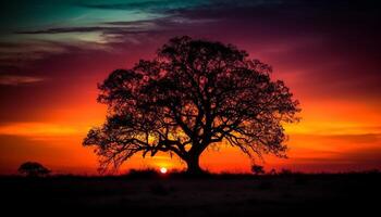 silhuett av akacia träd i afrikansk solnedgång genererad förbi ai foto