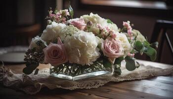 romantisk bukett av färsk blommor på rustik tabell genererad förbi ai foto