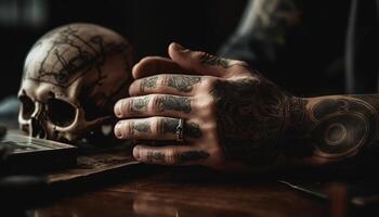 mörk tatuerade hand mönster läskigt halloween dekoration genererad förbi ai foto