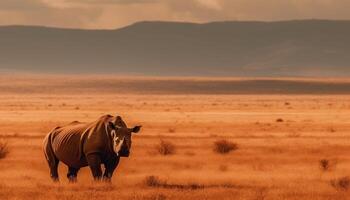 behornad däggdjur betning på gul savann gräs genererad förbi ai foto