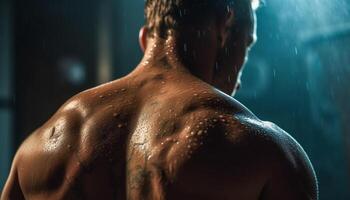 muskulös man duschar efter intensiv sporter Träning genererad förbi ai foto