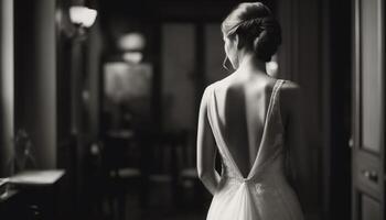 elegant brud i svartvit klänning, stående ensam genererad förbi ai foto