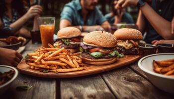 grupp av vänner njuter gourmet pub mat genererad förbi ai foto