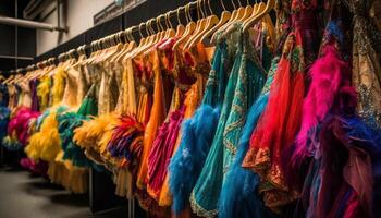mång färgad silke klänningar hängande i boutique Lagra genererad förbi ai foto