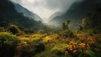 grön berg topp, dimmig skog äventyr väntar genererad förbi ai foto