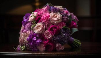 romantisk bukett av färsk lila blommor i vas genererad förbi ai foto