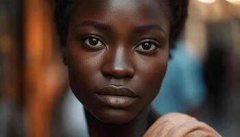 självsäker ung afrikansk kvinna leende för porträtt genererad förbi ai foto