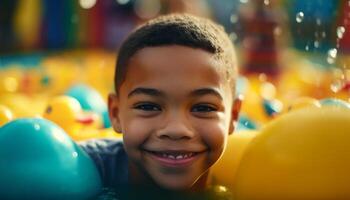Lycklig barn spelar med färgrik ballonger utomhus genererad förbi ai foto