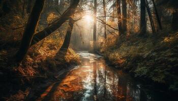 lugn scen av höst skog i dimma genererad förbi ai foto